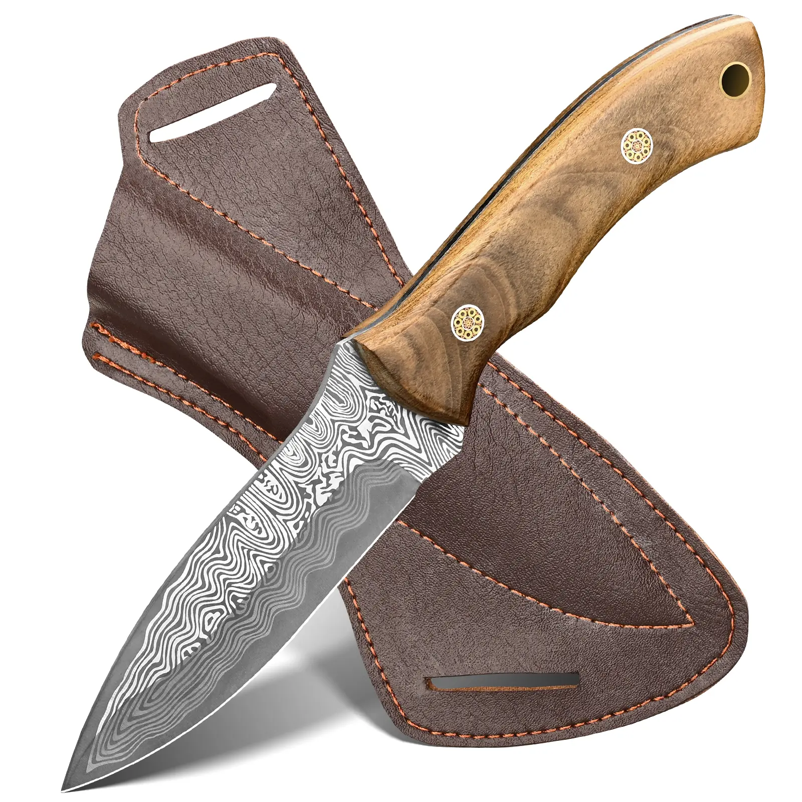 · FIVE COWS · Hand-forged Damascus pattern rosewood handle fixed straight knife, premium stainless steel blade, full-tang blade design, sharp and durable, effortless, suitable for camping, hiking, etc., a must-have tool for men.