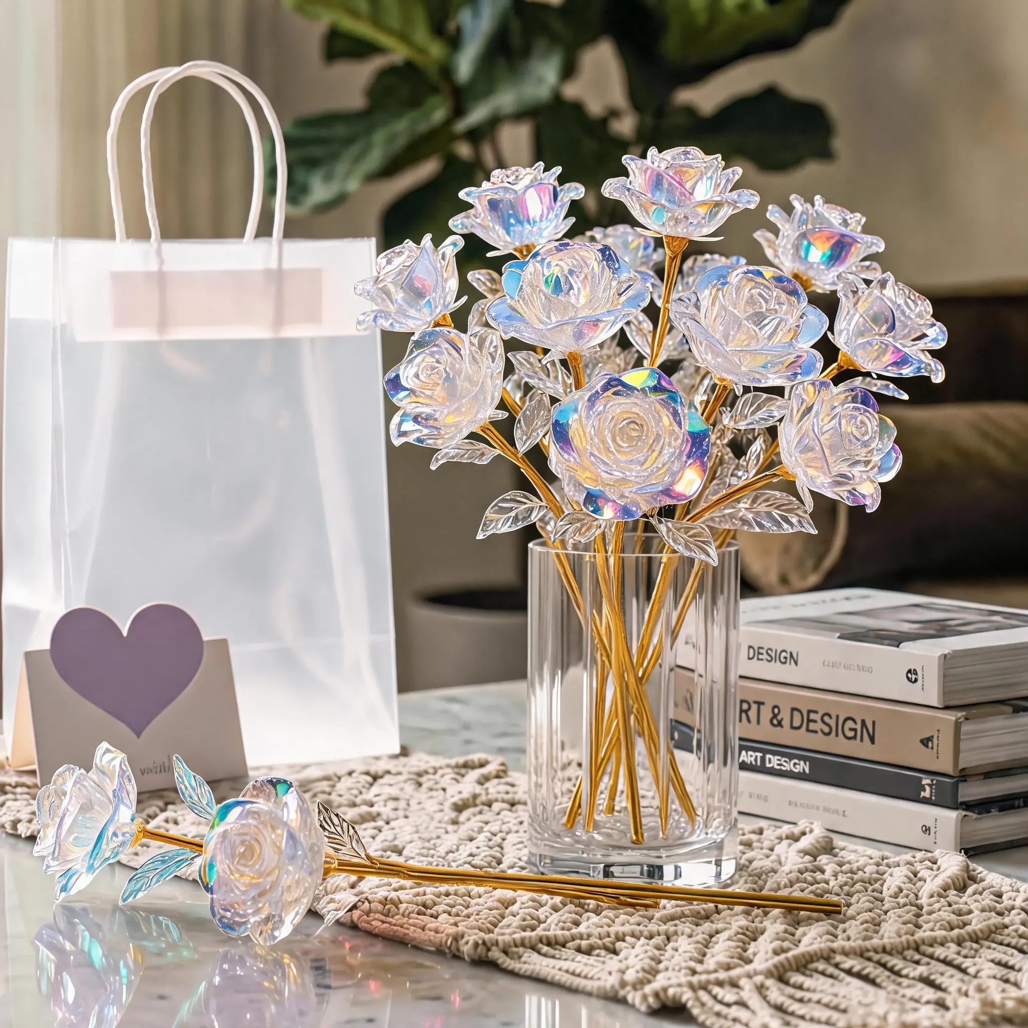 Imitation‑glass Flower Ornaments, DIY Faux Roses Bundle with Gift Bag, Decorative Mixed Set for Valentine's Day, Mother's Weddings, Christmas, Floral Decor, Artificial Bouquets12 # bouquets tulip decor