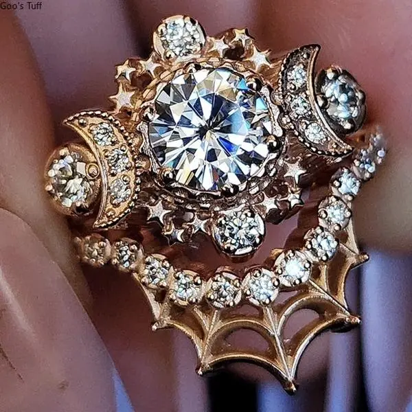 Women's Cosmic Moon Goddess Stackable Ring Set - Star, Spider Web Design Fashion Statement Jewelry for Proposal, Daily Wear Costume Accessory