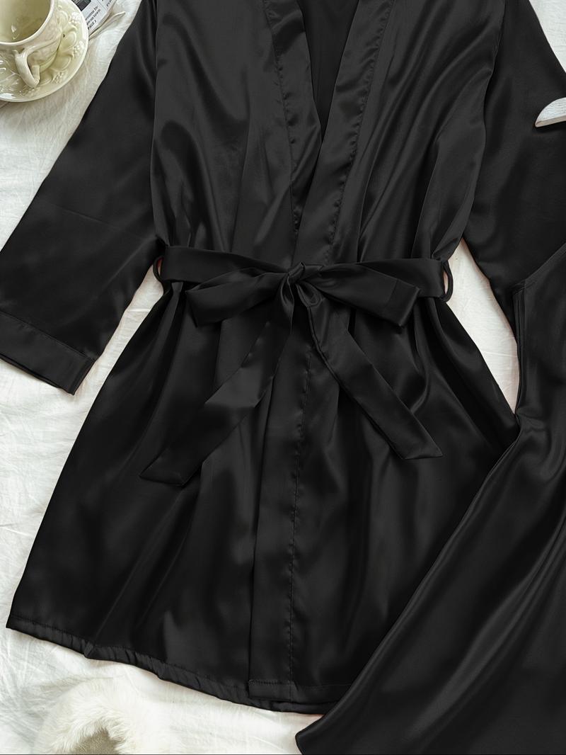 Women's Solid Belted Satin Pyjama Two-piece Set, Long Sleeve Cami Night Dress & Robe Pj Set, Women's Sleepwear for All Seasons
