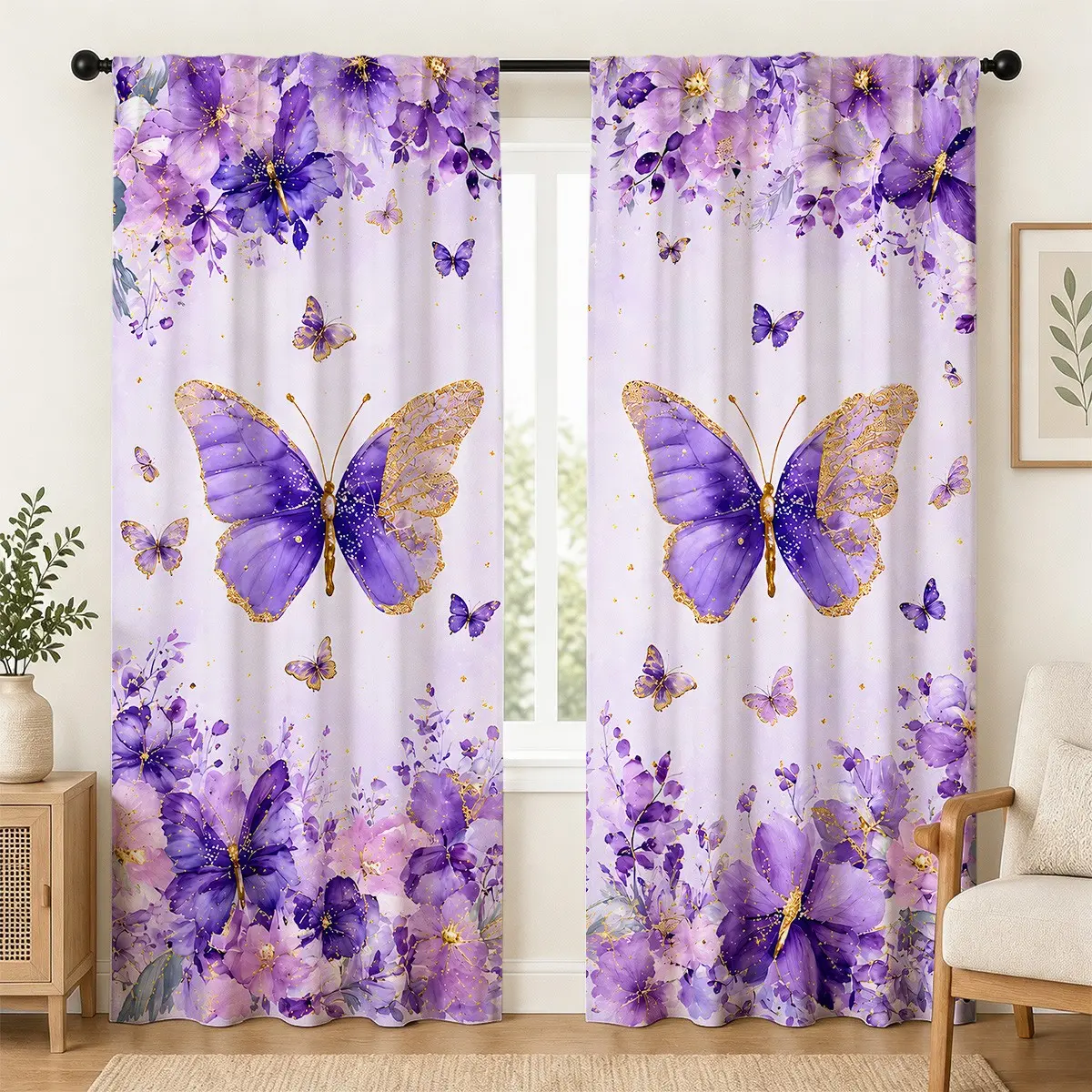 2 pieces, high-definition digital, lavender watercolor gilded butterfly flower pattern print, filterable curtains, most suitable for bedrooms, living rooms, offices and home decoration. Rod pocket design, suitable for hanging curtains.