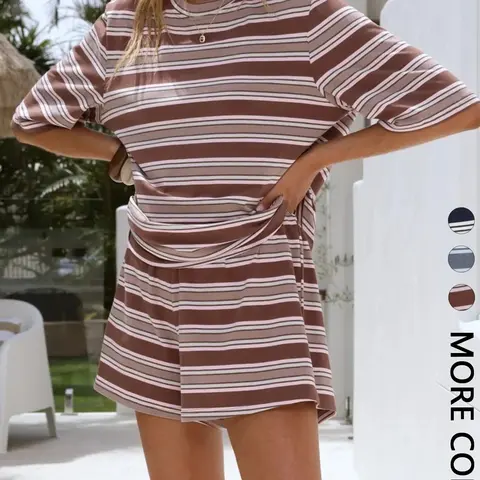 Women's Knit Striped Two-Piece Set Crew Neck Half Sleeve Tee & Elastic Waist Shorts, Casual Loungewear for Vacation & Daily Wear, Soft Stretchy Breathable Fabric, Retro Style Outfit, Top, Clothes