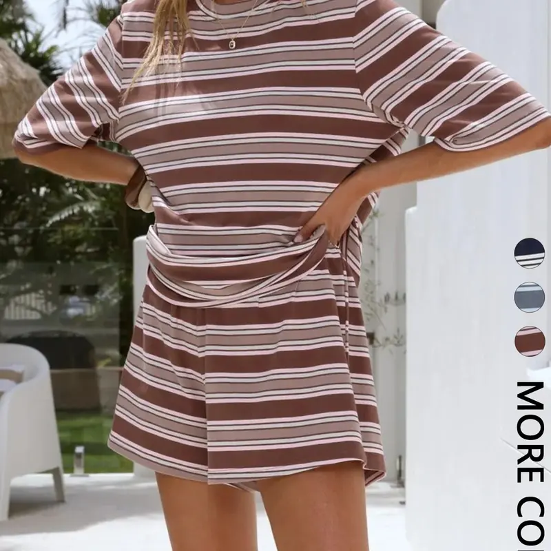 Women's Knit Striped Two-Piece Set Crew Neck Half Sleeve Tee & Elastic Waist Shorts, Casual Loungewear for Vacation & Daily Wear, Soft Stretchy Breathable Fabric, Retro Style Outfit, Top, Clothes