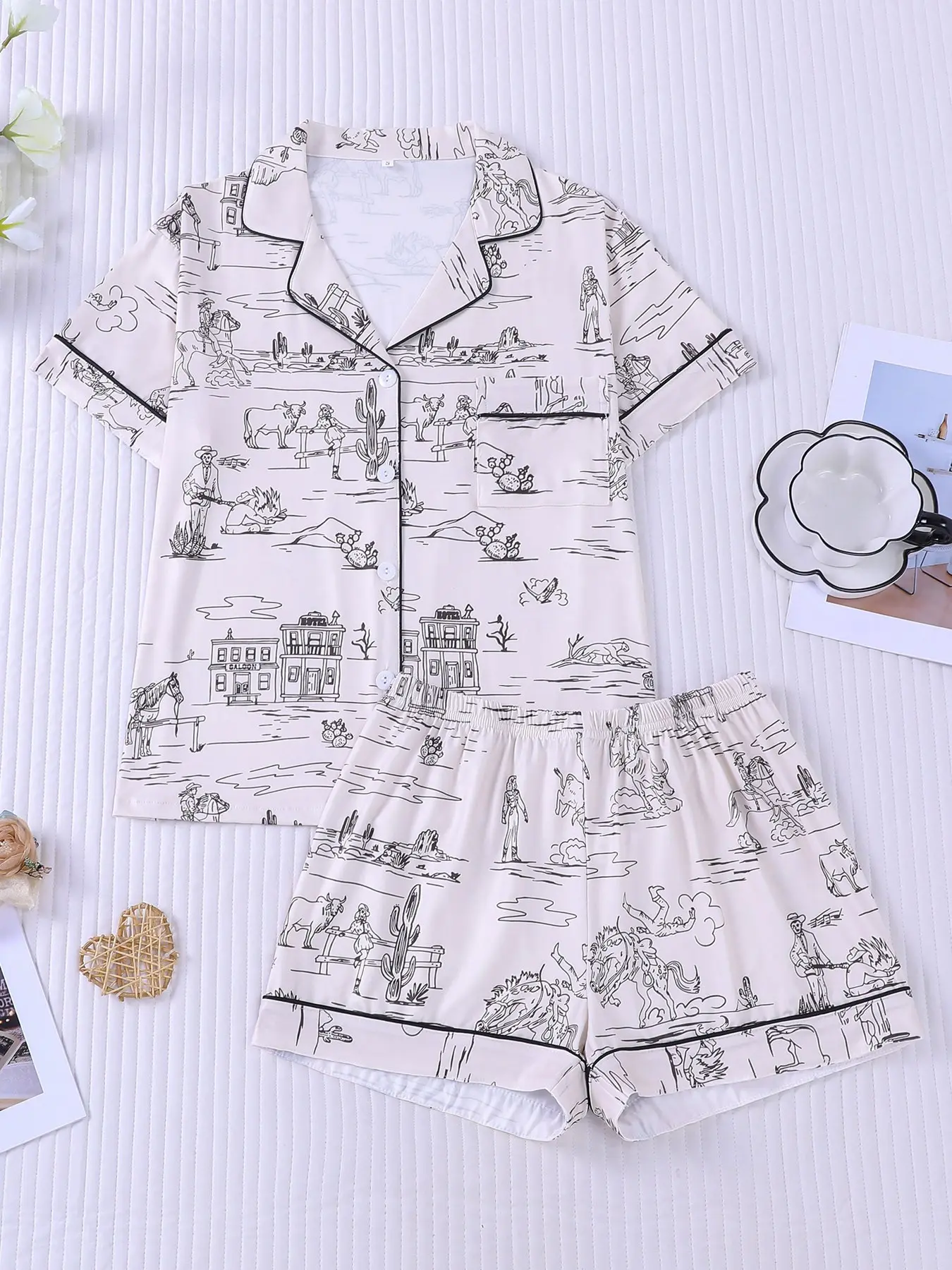 Women's 2-piece pajama set, Pajamas Lounge Set, with black sketch western prints on cream base, cowboys, horses, cacti & buffalos, retro wilderness style, black piping, lapel top with pocket, soft elastic shorts, all-season casual loungewear