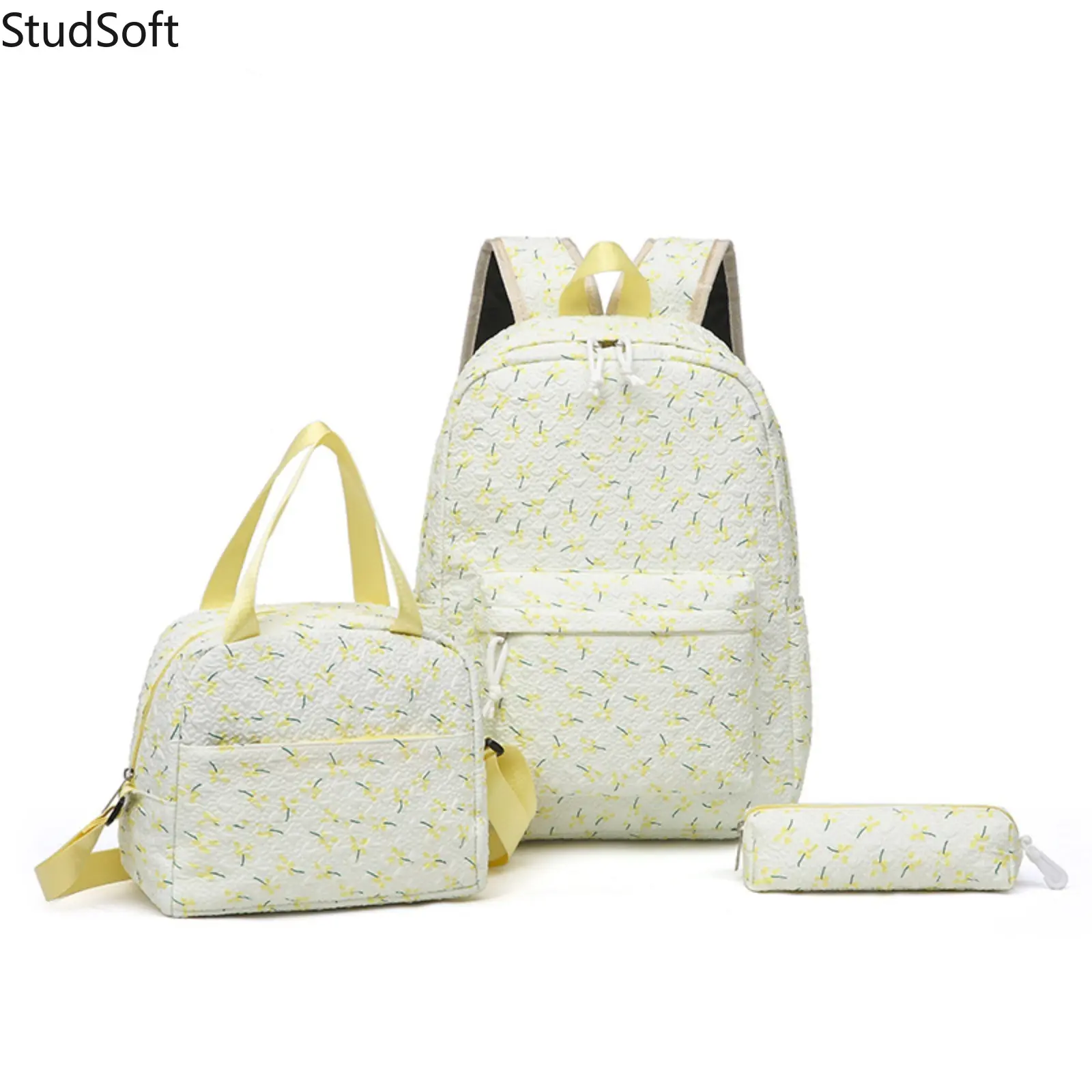 School Bag Set for Girls, 3-Piece Cute Floral Print Backpack with Crossbody Lunch Box and Pencil Case, High Capacity Bookbag, Crossbody Strap