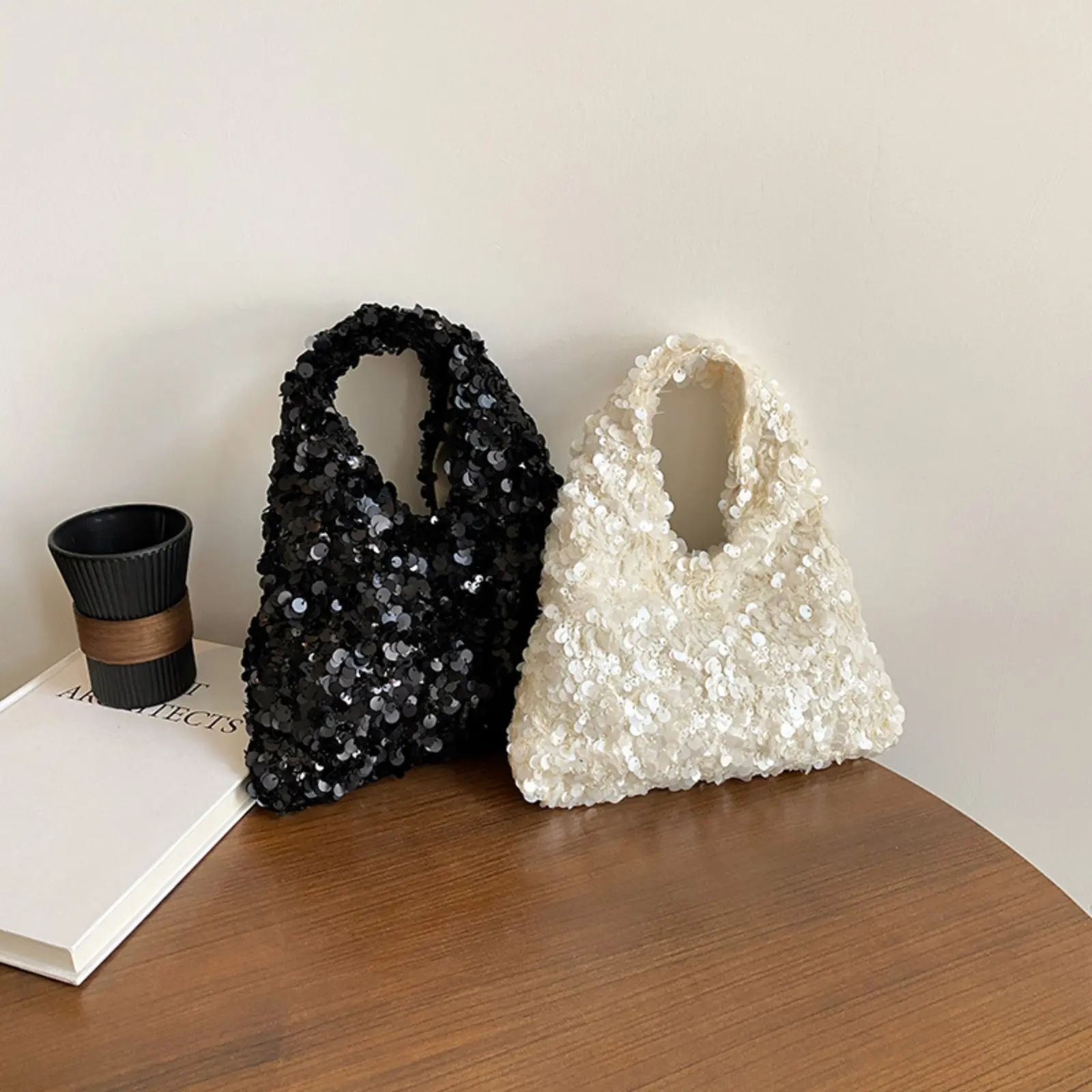 Black Sequin Mini Tote Bag for Women, Sparkly Glitter Top Handle Handbag, Detachable Chain Crossbody Purse, Night Out Shiny Evening Bag for Party Club Wedding