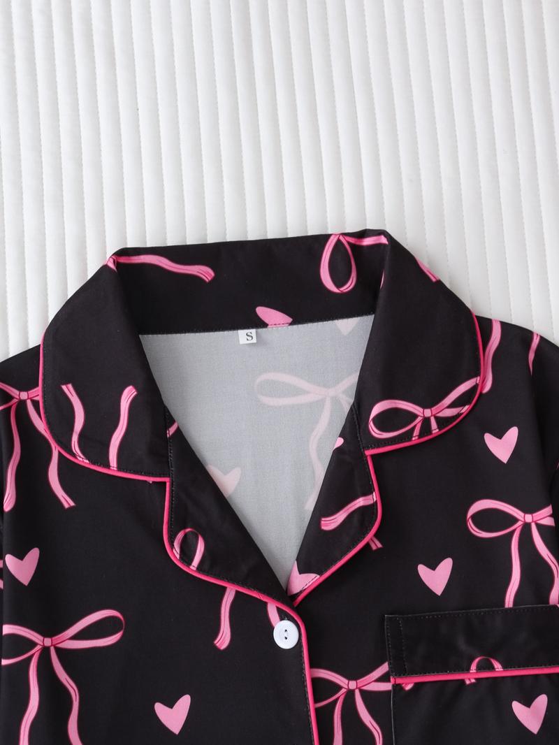 Women's Bow Print Short Sleeve Tee & Shorts Pyjama Set, Elegant Comfy Button Up Top & Elastic Waist Shorts Set, Ladies Sleepwear for All Seasons, Loungewear, Matching Pj Set, Womenswear, Pajama Set, Casual Comfy Pajama, Summer Sleepwear