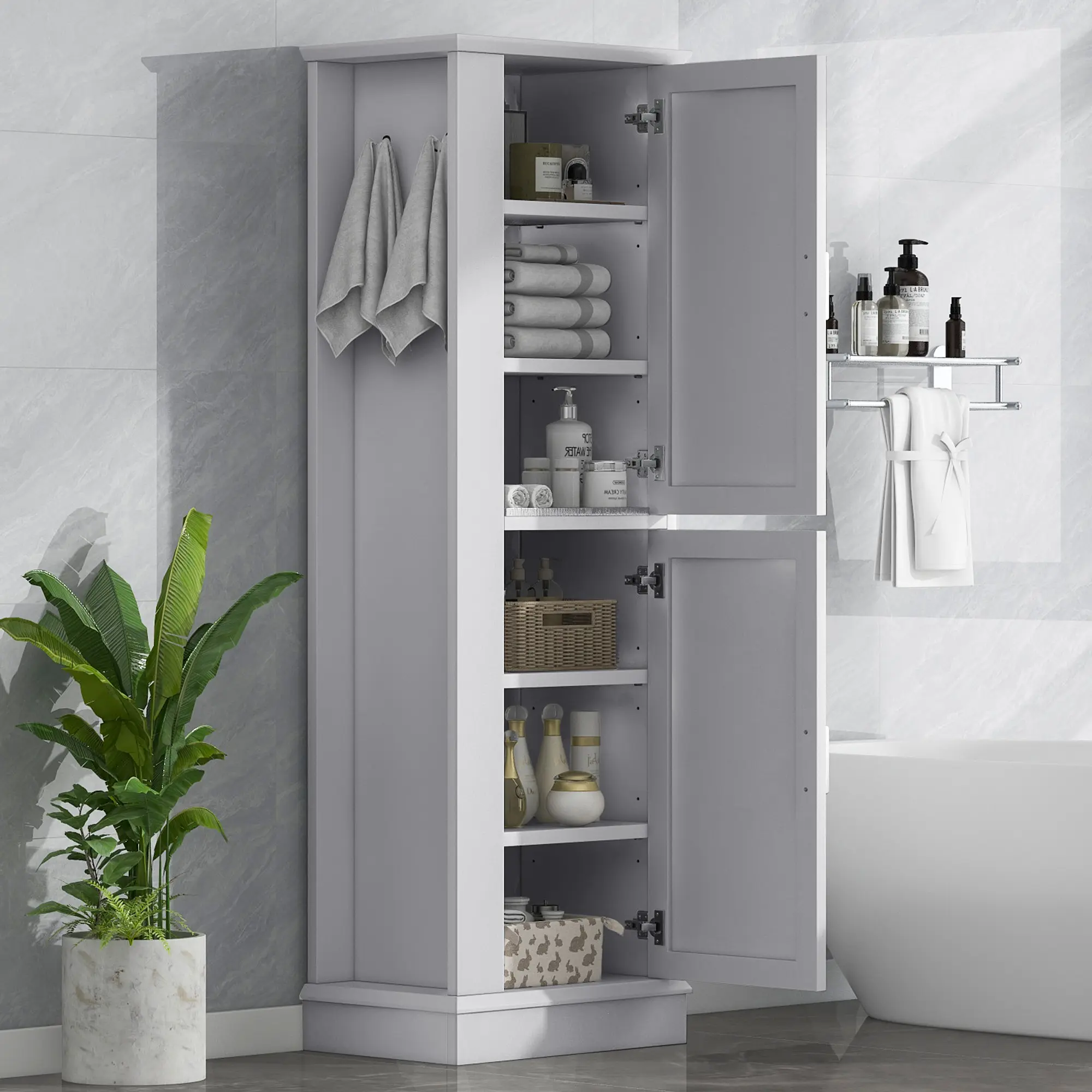 ARCH Tall Bathroom Storage Cabinet Freestanding Floor Cabinet with 2 Doors Adjustable Shelves Side Hook MDF Gray 68 Inch Height for Bathroom Laundry Room Toiletries Towels Organizer, Gray Color Options, MDF Material, Product Dimensions: 14.00 W x
