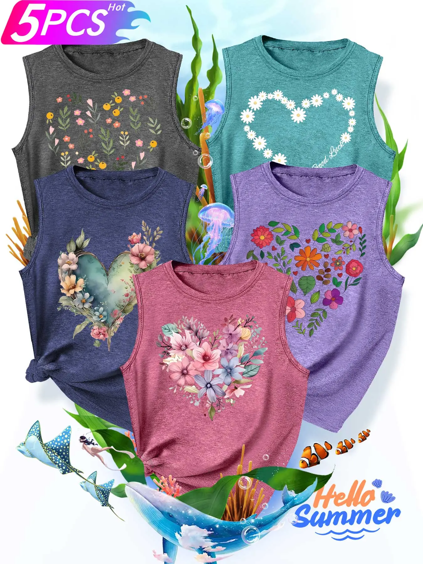5Pcs Women Crew Tank, Floral Heart Daisy Fresh Art Print, multi-color washable casual tank top