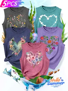 5Pcs Women Crew Tank, Floral Heart Daisy Fresh Art Print, multi-color washable casual tank top