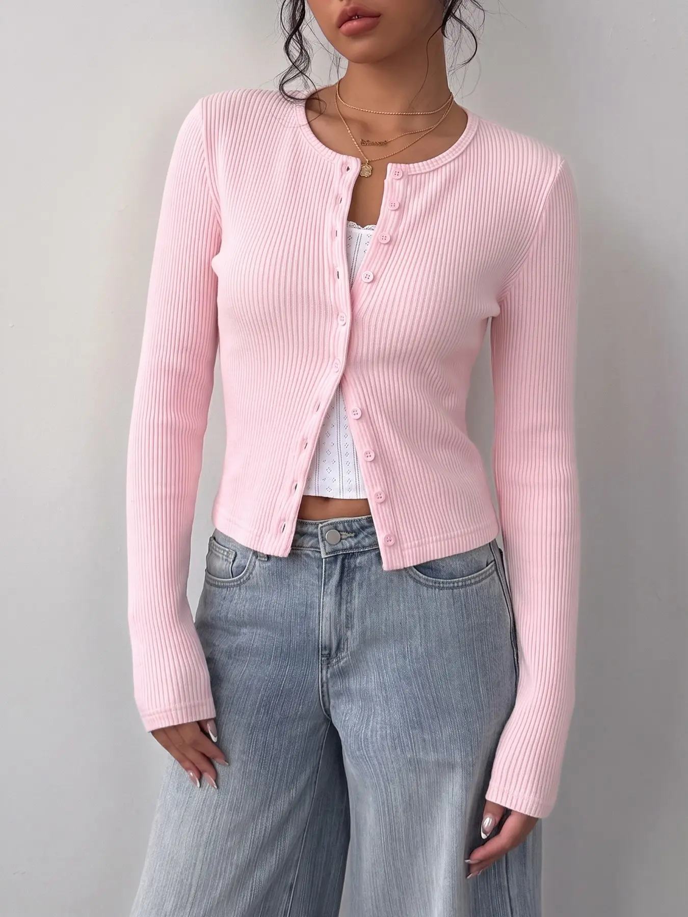 Stretch Vertical Ribbed Pastel Pink Crew Neck Button Down Long Sleeve Cropped Slim Fit Cardigan, Coquette Balletcore Clean Girl Soft Girl Aesthetic, Daily Street Office Layering Basic Outfit, Y2K Minimalist Feminine Spring Summer Women Knit Cardigan
