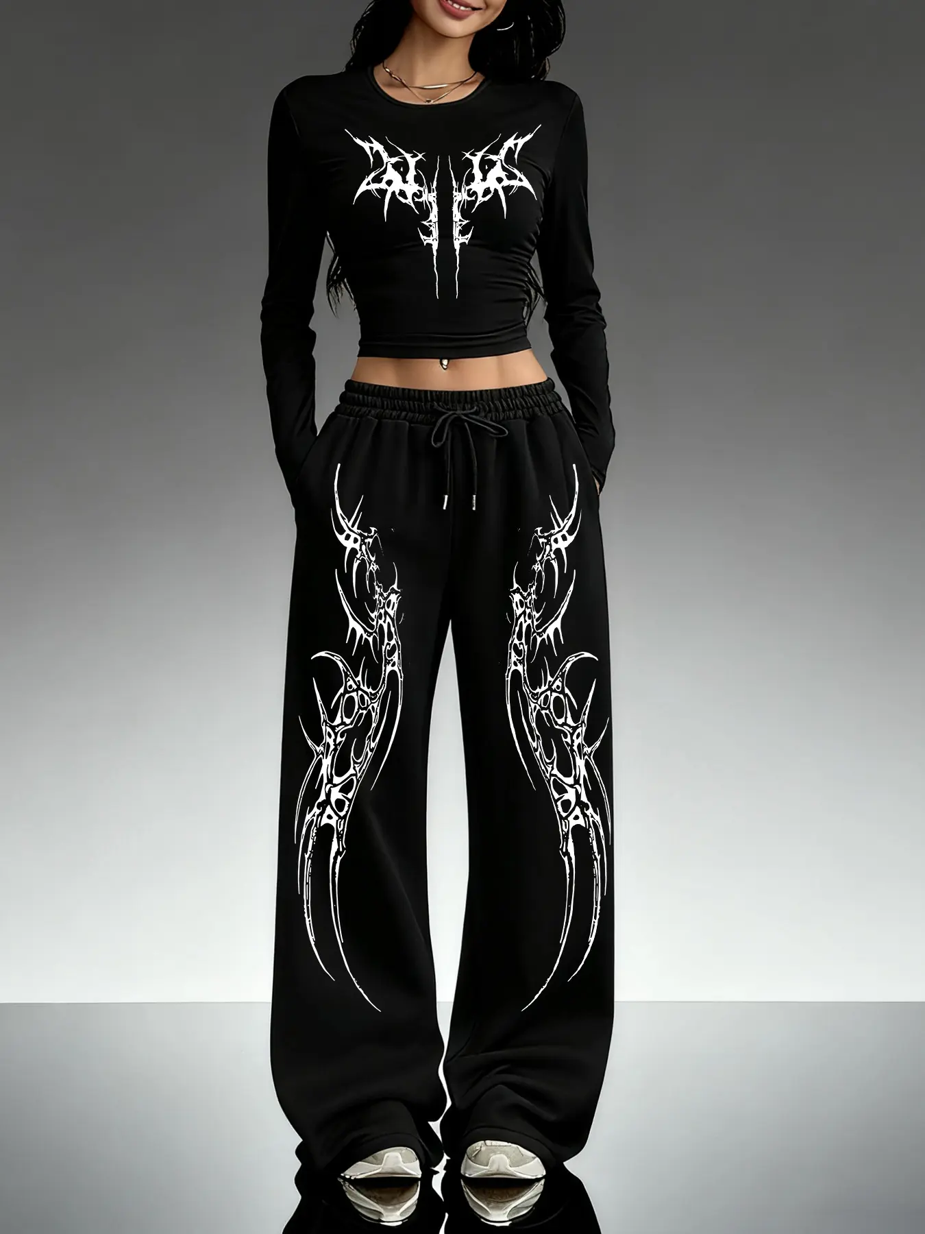 Women's Casual Two-Piece Set, Clothes, Garments, Round Neck Slim Fit Long Sleeve Top + Loose Pants, Gothic/street Style Print, All Seasons Comfortable, Outfit