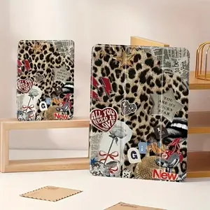 Newspaper Leopard Print Triple Fold Flip Stand Protective iPad Case with Pen Slot, Shockproof Scratchproof Stain Resistant Lightweight Portable Cover for iPad Air 4/5/3/2/1, Pro 11 Inch, 6th/5th Gen 10.2 Inch, 10th Gen 10.5 Inch, Cute Minimalist Design,