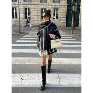 ACTIVEKITFashion casual wool jacket with thick and loose fit, with scarf and tassel, women's winter coat, fashionable warm jacket