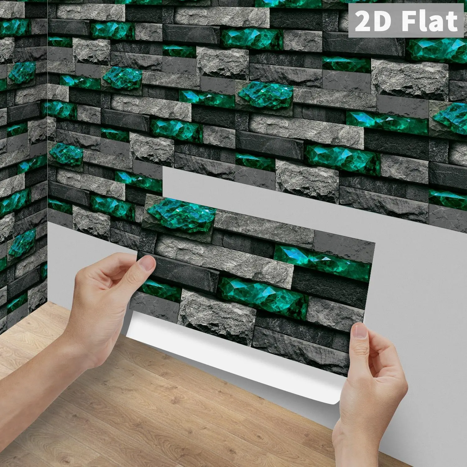 6/12/24/48PCS FG Crystal PVC Peel & Stick Tiles, Vintage Grey Emerald Green Crystal Culture Stone Long Strip Backsplash, Waterproof Oil-Proof Self-Adhesive Rectangle Stickers, DIY Home Decor For Kitchen, Bathroom, Floor, Old Ceramic Tiles & Wood Panels