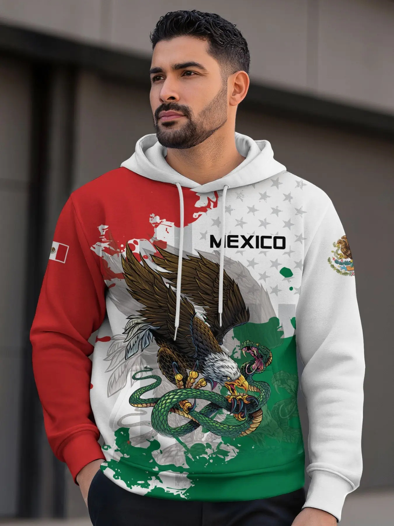 Men's Mexican Eagle Snake Flag Hoodie, Aztec Print, Casual Loose Fit, All Seasons, Streetwear, Ethnic Style, Fall Winter