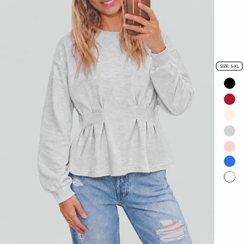 Imily Bela Women's Basic Long Sleeve Sweatshirt Cinched Waist Crewneck Casual Sweatshirt Flattering Pullover Top