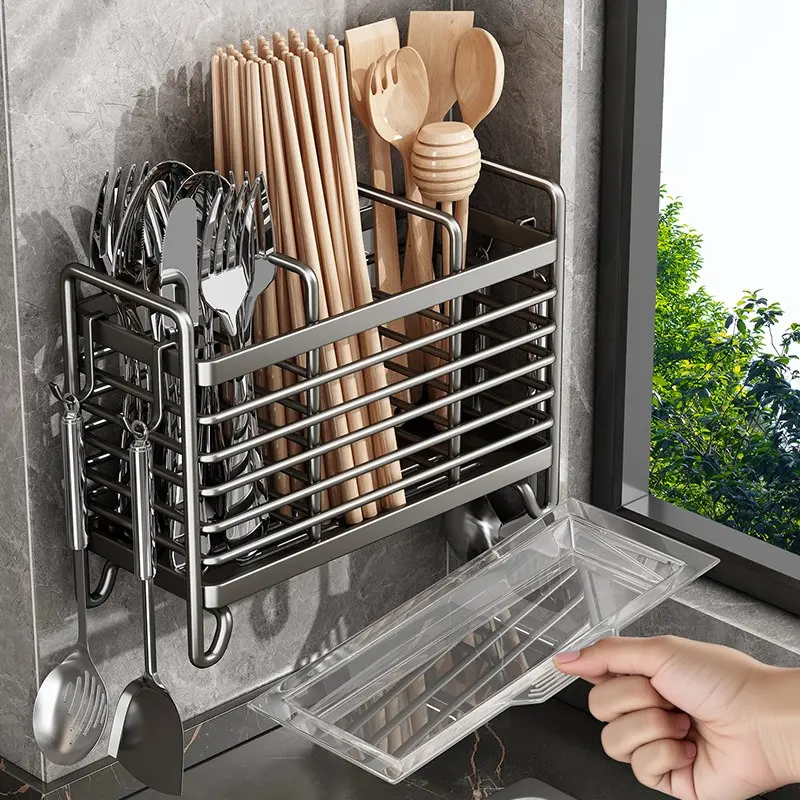 Kitchen multi-functional wall-mounted rack, chopstick storage box, chopstick holder, chopstick basket, home-use spoon and chopstick cage, chopstick rack with drainage