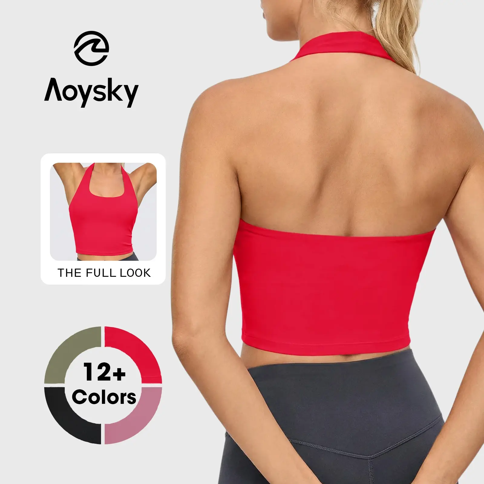 Aoysky Women's Buttery Soft Halter Workout Tank Tops with Built-in Bra, Cropped Padded Open Back, Longline Halter Tops for Gym, Women's Sports Bra, Sports Bra For Women