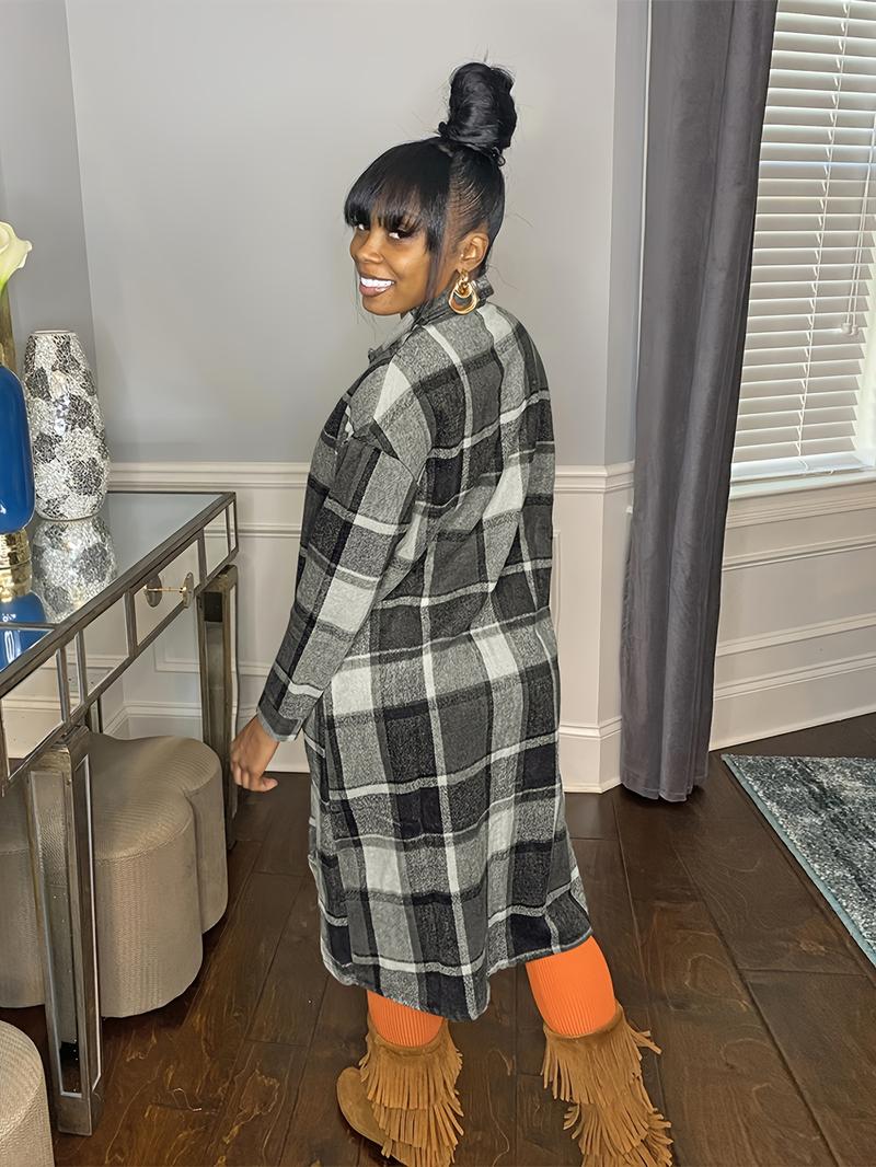 Women's Plaid Print Button Front Split Hem Overcoat Jackets, Casual Drop Shoulder Long Sleeve Collared Coat for Fall & Winter, Women's Clothing for Daily Wear