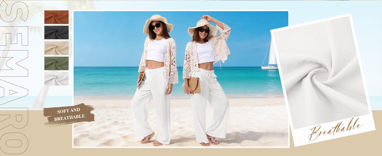 Womens Casual Linen Wide Leg Pants Flowy Drawstring High Waist Palazzo Beach Vacation Trousers