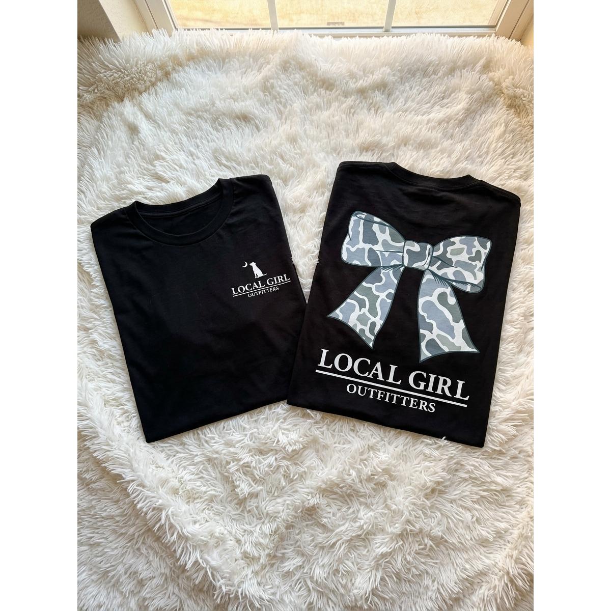 Local Girl Outfitters Women's Blue Camo Bow Crew Neck Cotton-Spandex T-Shirt - Oversized 3XL Digital Print Southern Top, Trendy Fall Rodeo Sports & Outdoor Casual Streetwear, Graphic Tees Women, Classic Fit