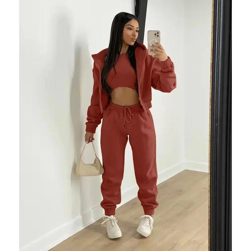 Women's Clothing Set Fleece-lined Hooded Sweater &Sleeveless Tank Top & Sports Sweatpants Pants Can be used with raincoat