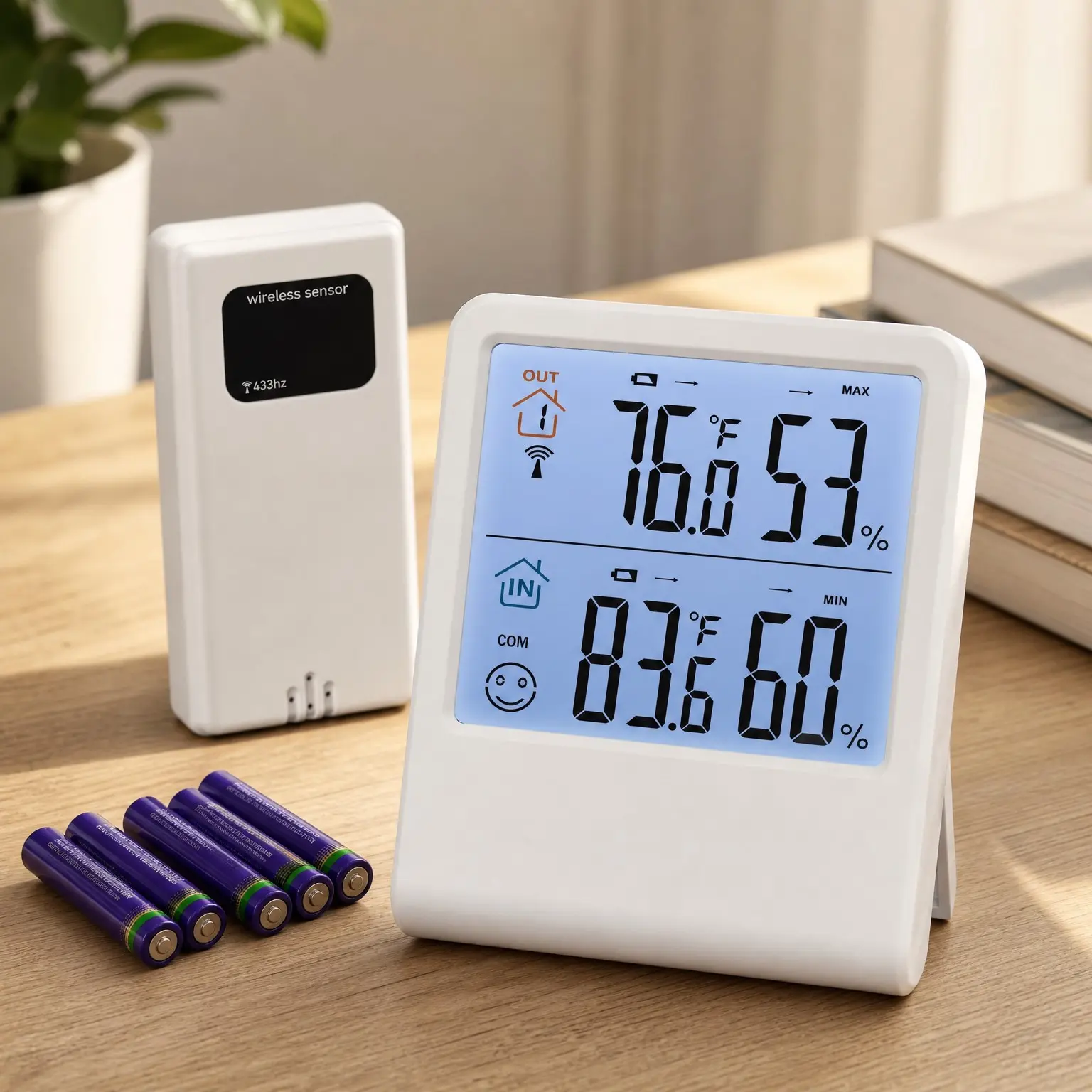 Indoor Outdoor Thermometer Hygrometer with Wireless Sensor, 328 ft Range, Backlit LCD, Batteries Included