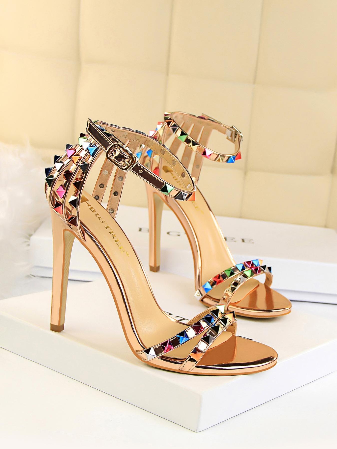 Women's Fashionable Studded Decor Stiletto Heels, Valentine's Gifts for Her, Elegant Heeled Sandals for Party, Banquet, Fashionable Shoes for Daily Wear, Strapy Sandal