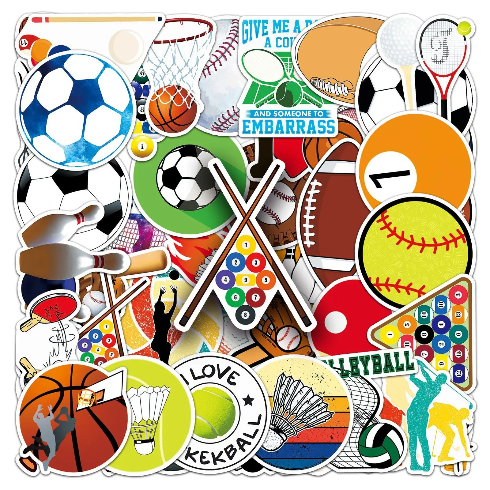 Mixed Sports Stickers, 50 Waterproof Vinyl Stickers, for Phone Water Bottle Wall Notebook, Basketball Baseball Soccer Volleyball Football, Teenage Stickers