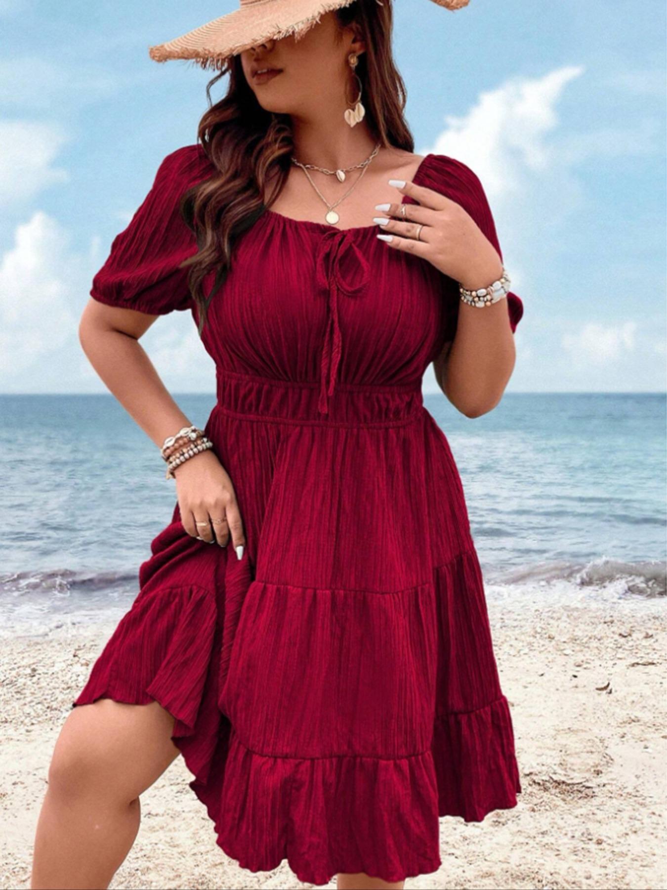 【Plus Size】 Solid Tie Front Dress, Plus Elegant Short Sleeve Dress for Summer, Women's Plus Clothing for Beach Holiday, Plus Size Tummy Flattering Dresses, Casual Fashion Dress, Boho Style Dresses