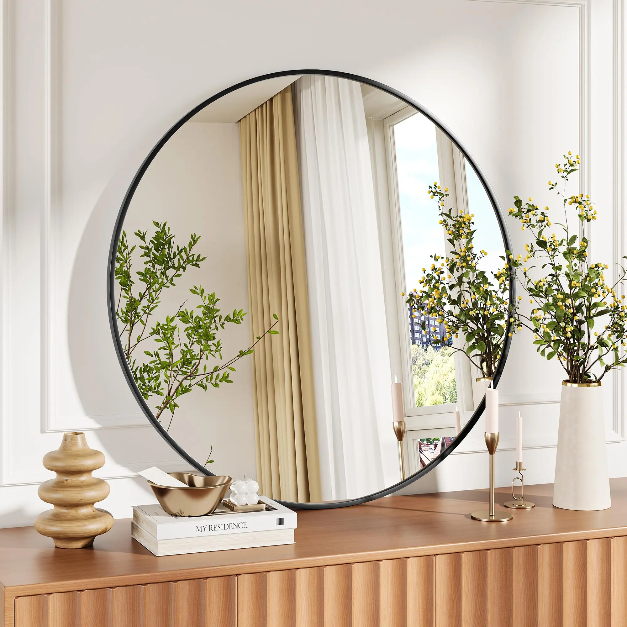 18 Inch Black Round Mirror, Modern Circle Wall Mirror, Aluminum Alloy, Designed for Bathroom, Bedroom and Living Room