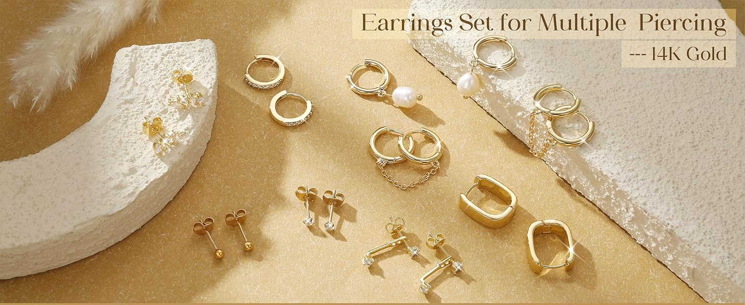 LOLIAS Gold Hoop Stud Earring Stacks for Women - 14K Gold Plated Chain Cartilage Earrings Cute Hypoallergenic Silver Huggie Earrings Sets for Multiple Piercing Jewelry Lightweight 8Pairs
