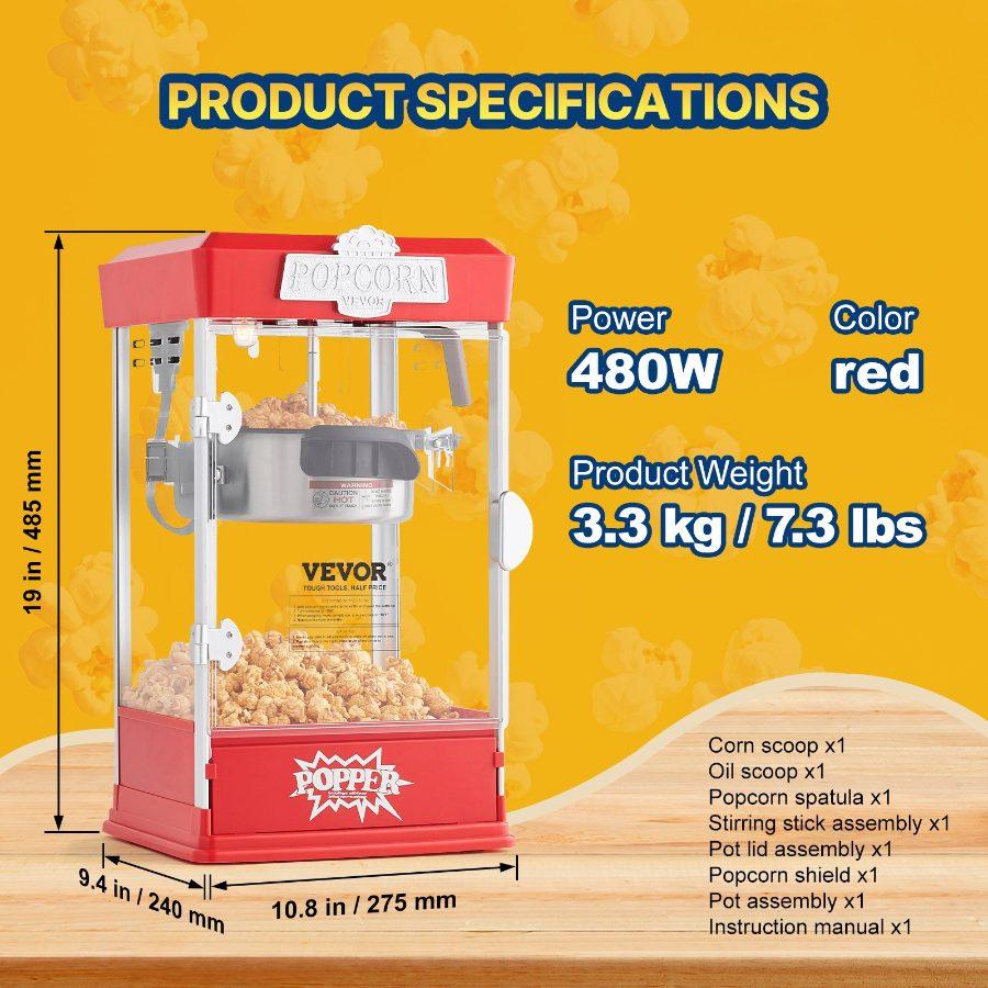 VEVOR Popcorn Maker, 480W Popcorn Popper Machine, 4 Oz Kettle Makes 1.5 Gallon per Batch, Tabletop Popcorn Maker, Includes 3 Scoops, Movie Theater Style, Red
