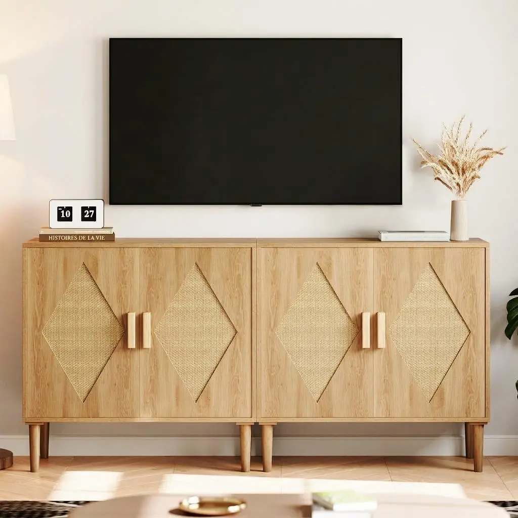 Modern Rattan Sideboard Buffet Cabinet – 2-Door Accent Storage with Adjustable Shelves – Multipurpose Dining Room, Kitchen, Living Room Furniture – Buffets & Sideboards