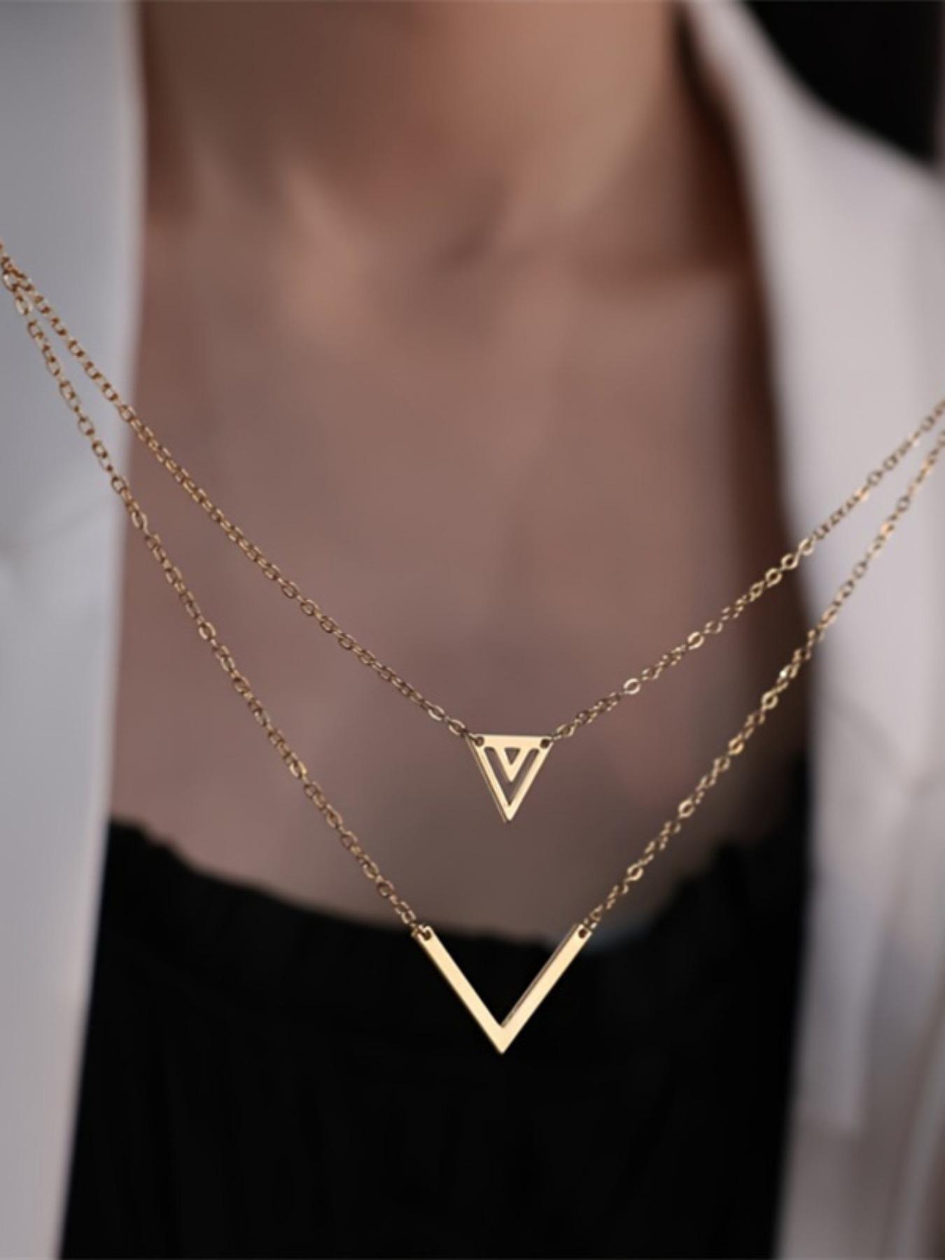 Women's Elegant V-shaped Hollow Triangle Pendant Necklace, Exquisite Trendy Layered Necklace, Chic Vintage Jewelry As Gift for Girlfriend
