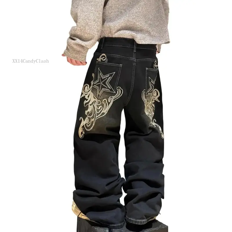 Men's Baggy Jeans Embroidered Wide Leg Vintage Jeans Hip Hop Loose Fit Denim Pants StreetwearXX14CandyClash