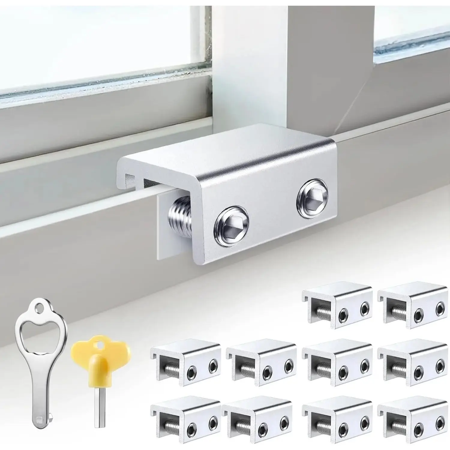 Sliding Window Locks (10 Sets),  Window Locks with , Adjustable Aluminum Sliding Window Stops, Easy Installation Without Drilling, for Vertical and Horizontal Sliding Windows ()