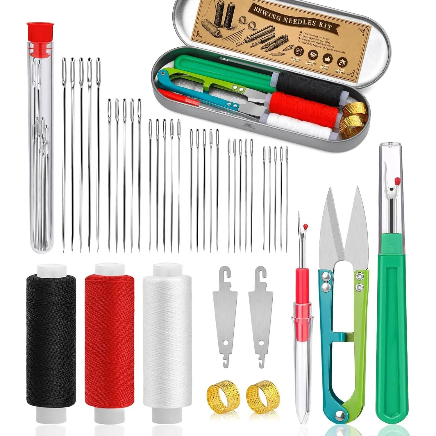 Unisex Synthetic Big Eye Steel Hand Sewing Kit (42-Count, 6 Sizes) with Thread, Threader, Seam Ripper, Storage Box for Handcrafts Repairing