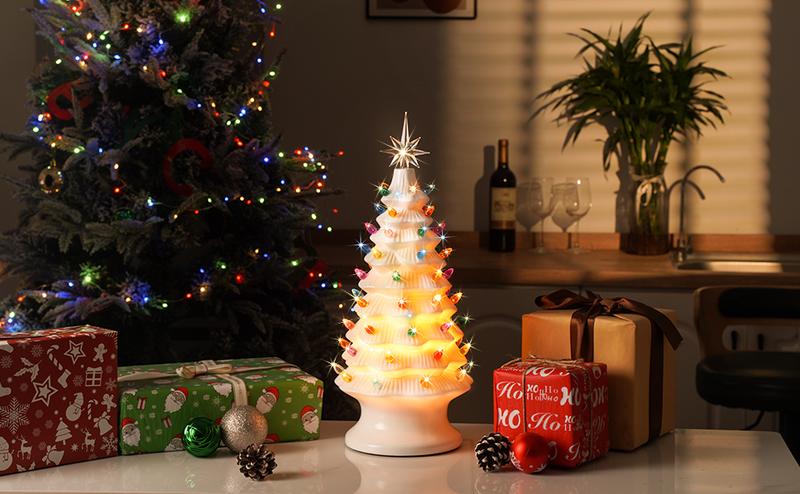 Table Top Christmas Tree, Hand Painted Resin Christmas Tree with Lights, Pre-lit Xmas Tree Decor Lighted Tabletop Decoration with Multicolored LED Bulbs, Ceramic-Like Finish Ornaments Green