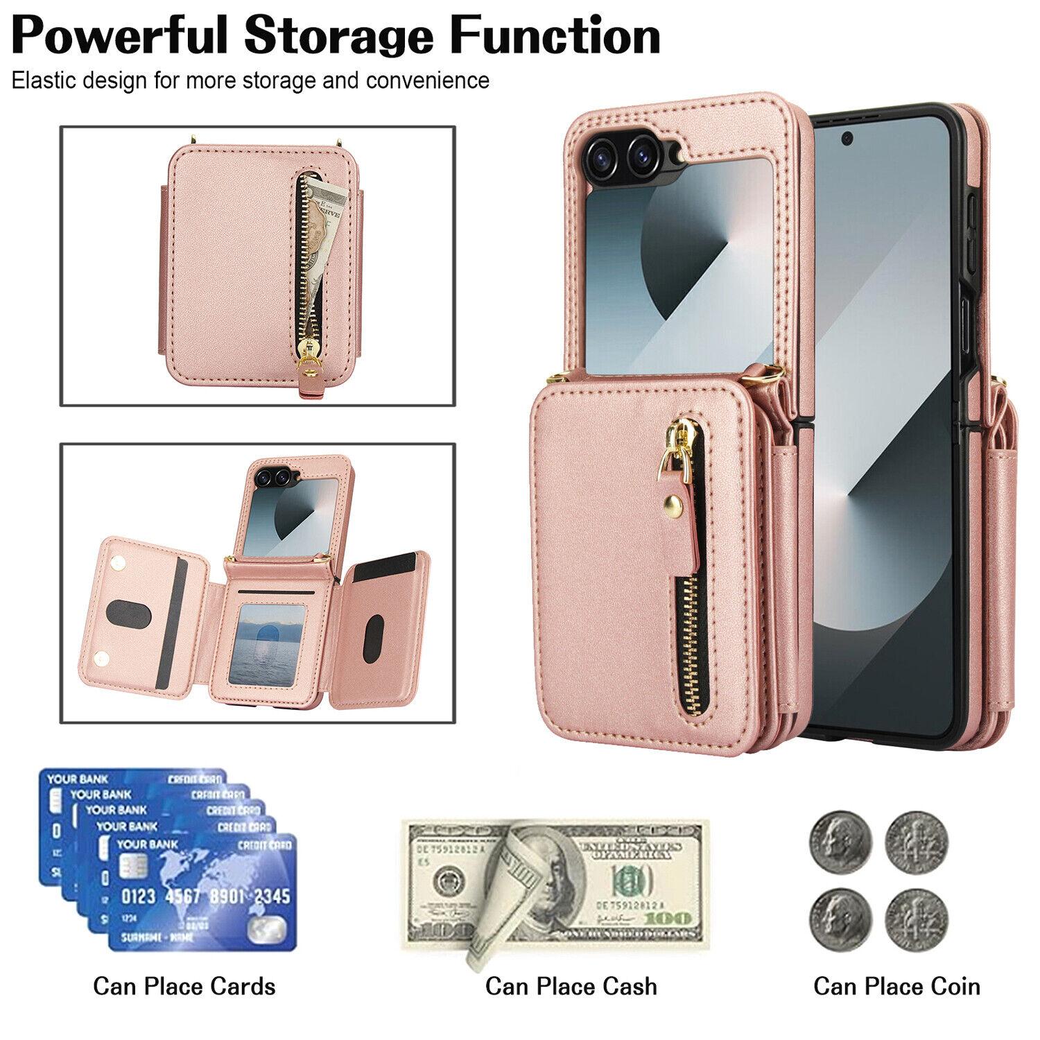 [FREE!SHIP] for Samsung Galaxy Z Flip 6/5/4/3 5G Wallet Case with Built-in PU Leather Cash Slot Zipper Purse with Credit Card Slot Holder Carrying Handbag Stand Phone Case Hinge Protection Adjustable Lanyard for Women Ladies