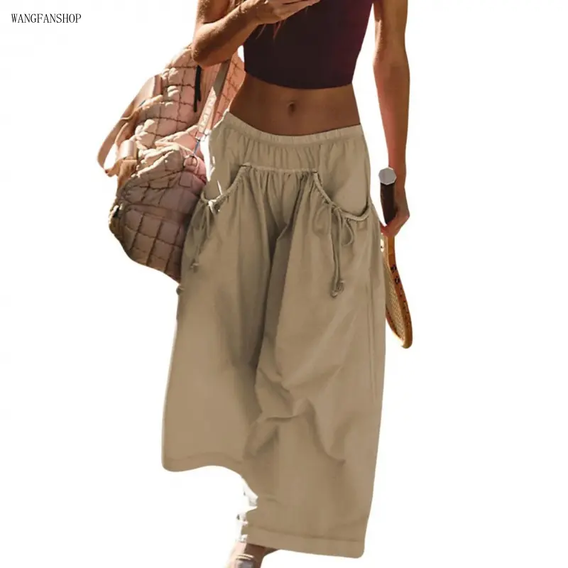 Women Boho Wide Leg Capri Track Pants, Drawstring Elastic High Waist Cropped Joggers with Side Pockets, Soft Lightweight Breathable Summer Casual Bottoms for Hiking Beach Vacation Daily Travel Outfits,cosplay,accessory,,plush,