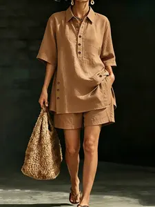 Women's French Lazy Style 2-Piece Set, Loose Fit Turn-Down Collar Short Sleeve Shirt, High-Waisted Shorts, Casual All-Season