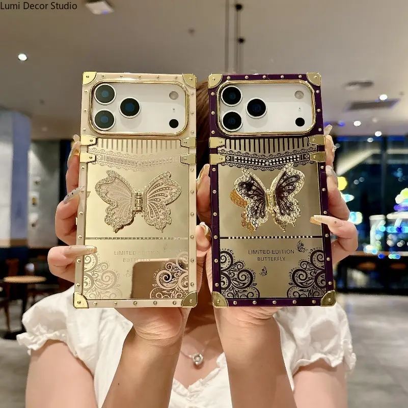Electroplated Butterfly Phone Case - Glitter Mirror Protective Cover with Foldable Kickstand for 12 and 17 Series Phones, Daily Carry