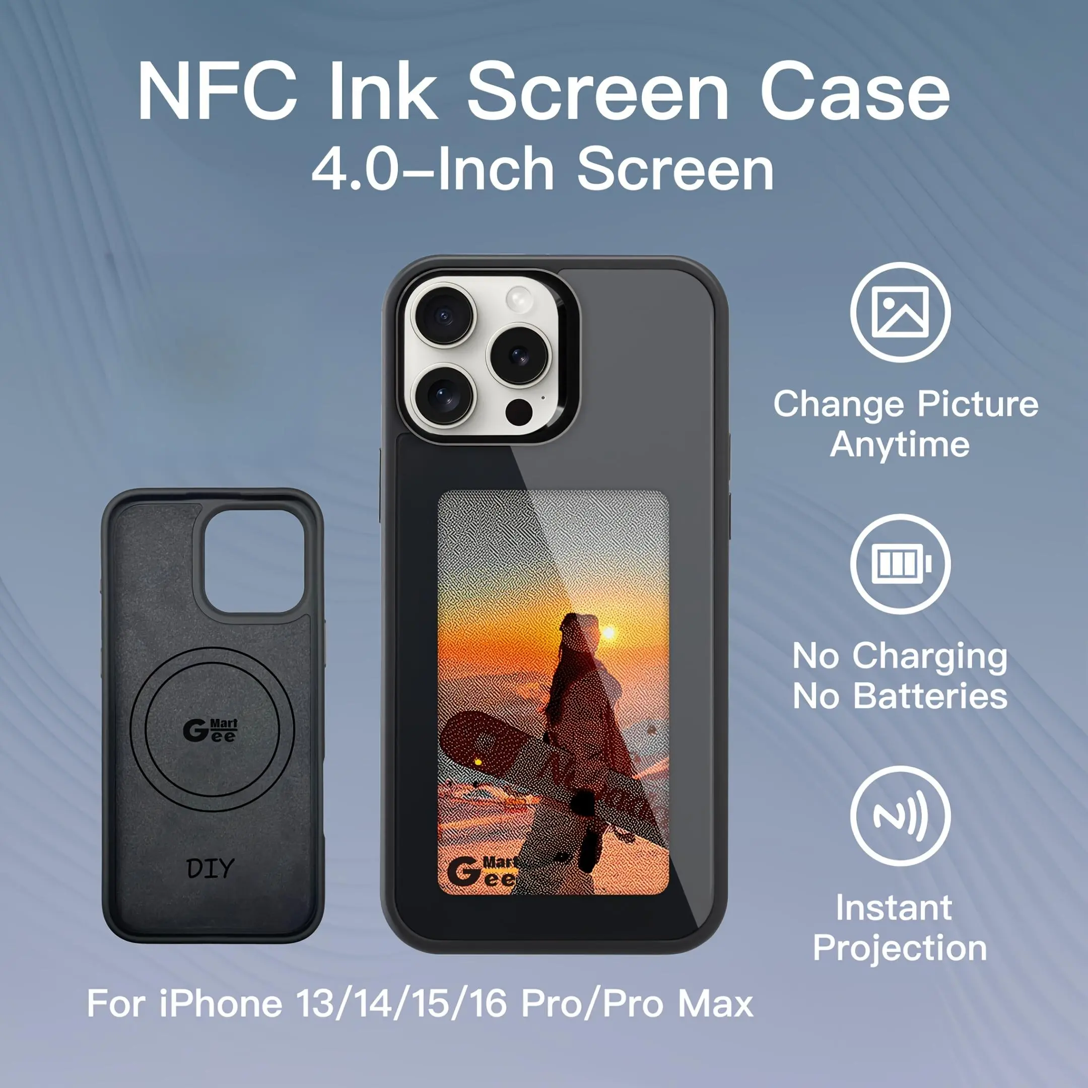 E-ink Cellphone Casing with 4.0-inch High-definition Screen, NFC Magnetic Button, Wireless Charging, Drop-resistant Metal Frame, Image/Calendar Display for iPhone 13/14/15/16/17 Series (Pro/Pro Max) - Device Protection Flagship Phone Case, Shockproof, Acc