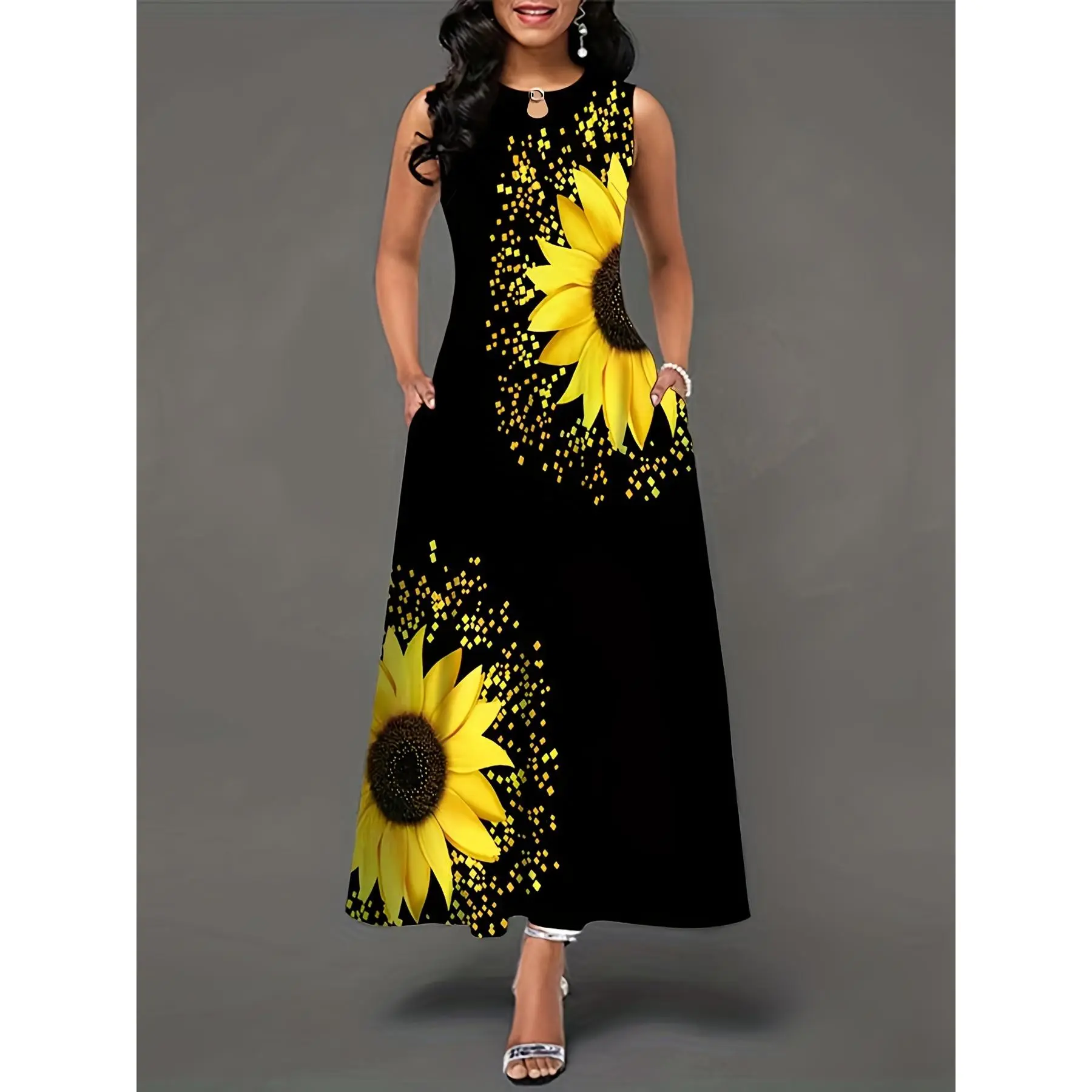Casual Vintage Print Dress Sunflower Print Sleeveless Pocket Long Dress,vacay,pentecostal,elegant,dresses,women,summer,anastasia,Striped,Printed,Knot,Front,stylish,maxi dress