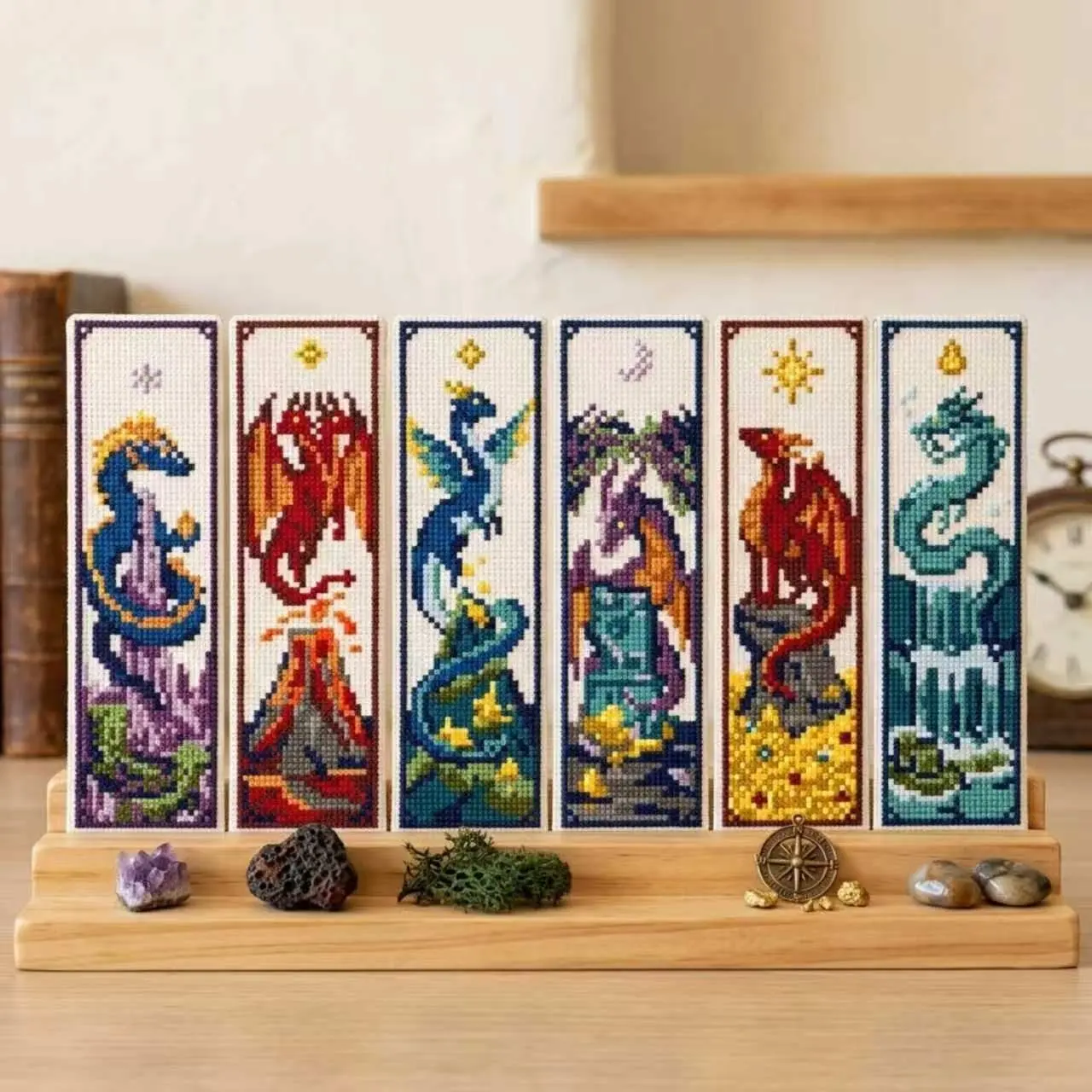 Cross Stitch Bookmark DIY Kit, Dragon Pattern, Beginner Friendly, Includes Embroidery Cloth, Needles, Threader, Thimble, Instructions