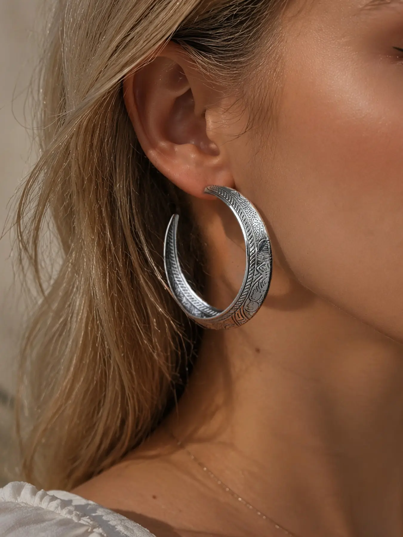 Vintage Silver Color Crescent Moon Earrings, Bohemian Ethnic Style Open C Shape Ear Rings, Beach Vacation Fashion Jewelry