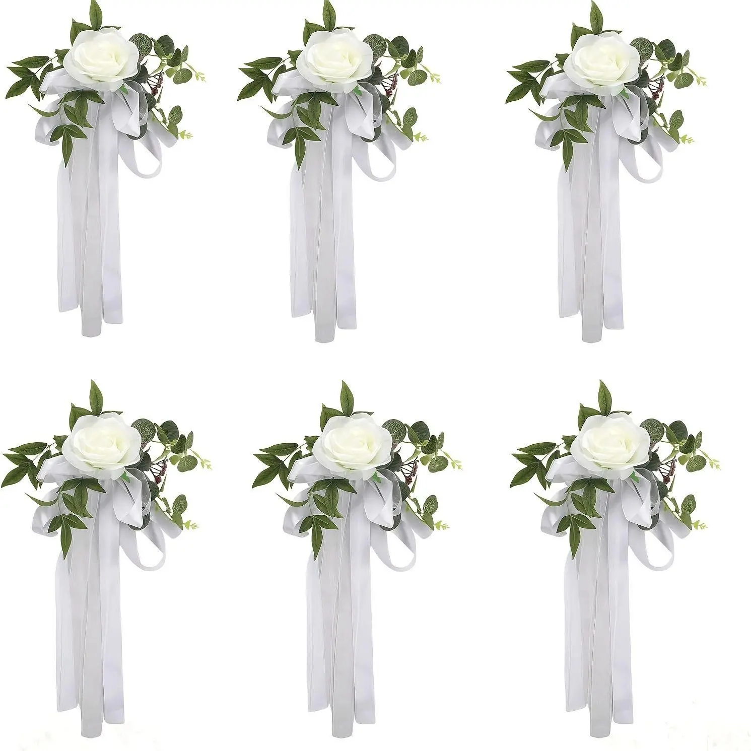 6pcs Artificial Roses, Wedding Chair Back Flowers, Leaf Ribbon, Church Wedding Bench Decor, Suitable for Wedding Scenes