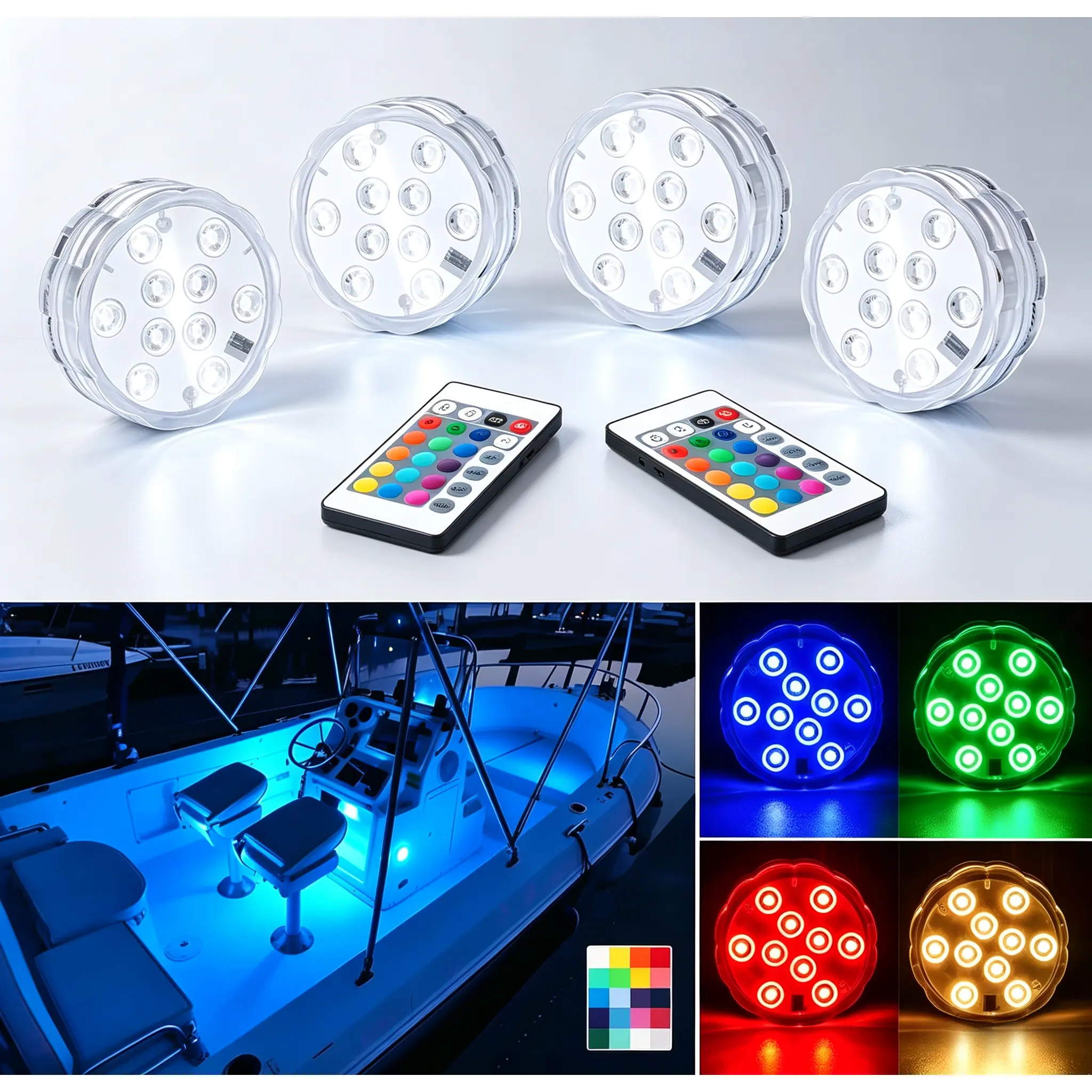 Wireless Remote‑Controlled RGB Marine LED Courtesy Lights, Battery‑Operated Multi‑Color Changing Boat Interior & Deck Lights, for Kayak Pontoon Sailboat Fishing Vessel, 2‑Pcs or 4‑Pcs